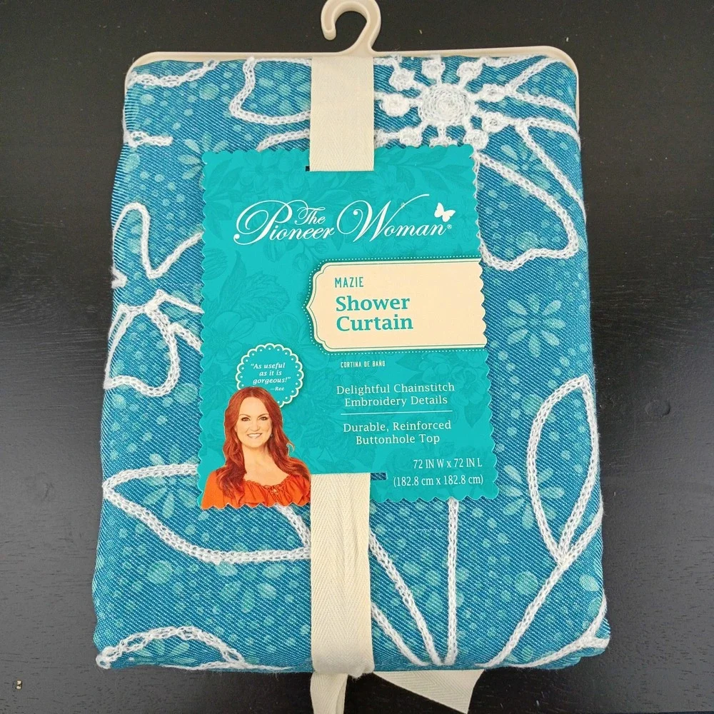 NEW The Pioneer Woman Mazie Shower Curtain Teal Blue Floral Embroidered 72x72